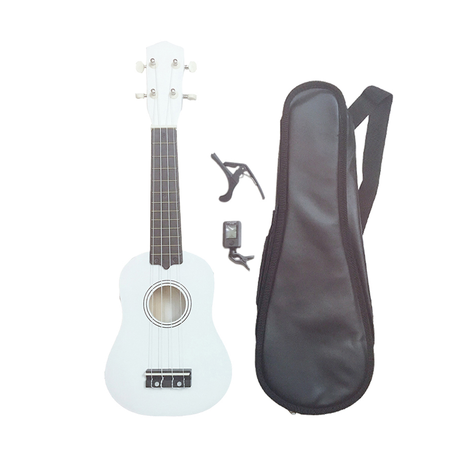 COMBO ĐÀN UKULELE SOPRANO TRẮNG+ BAO DA + CAPO + MÁY LÊN DÂY